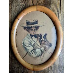 Antique Edwardian Watercolor Portrait Lady and Dog in Oval Wood Frame